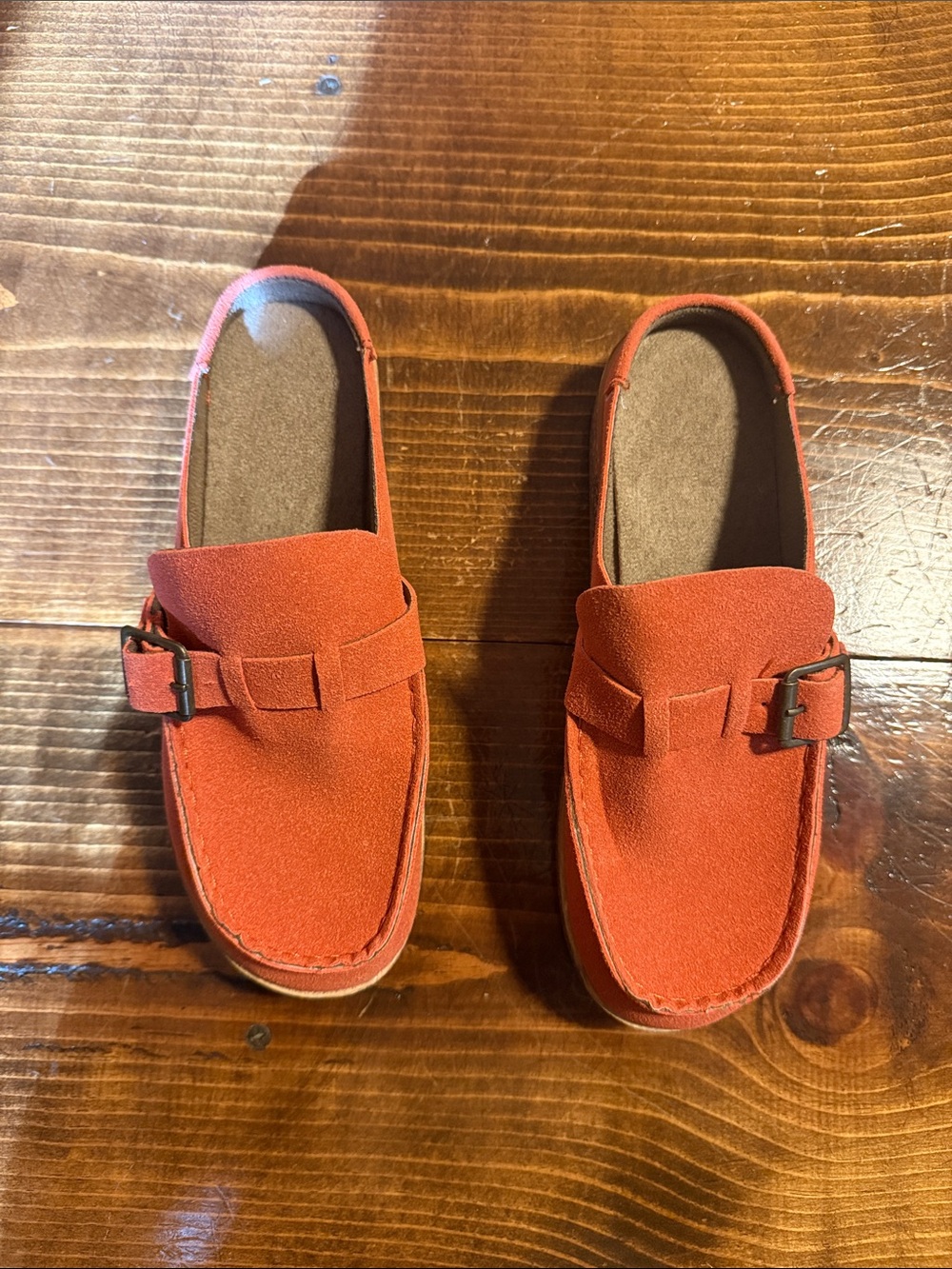 Suede Slip-On Buckle Mules in Burnt Orange